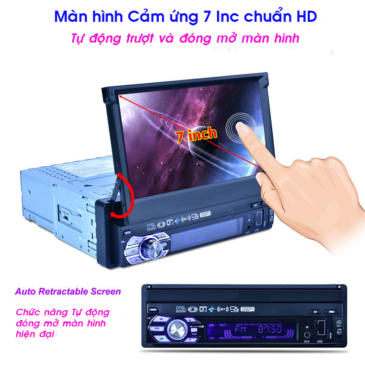 Đầu DVD Có Màn Hình 7" Kéo Gập Tiện Lợi, Chơi Nhạc MP4, MP3 - Màn Hình Ô Tô Đa Năng Kết Nối Bluetooth/ USB/ SD Card/ Aux/ Radio
