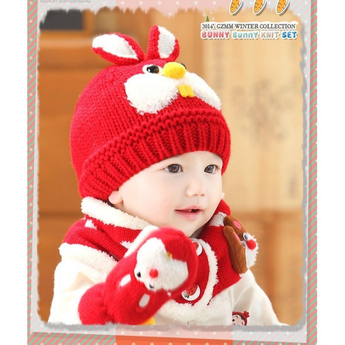 Bộ mũ khăn len lót lông răng thỏ