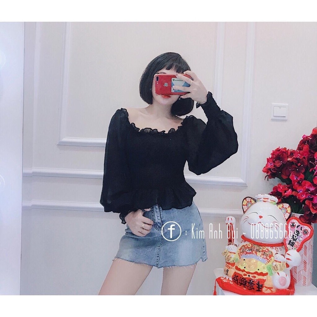 Áo Kiểu Nữ Nhún Tay Dài Phồng Bo Eo Ngực Thời Trang Mới  Av06