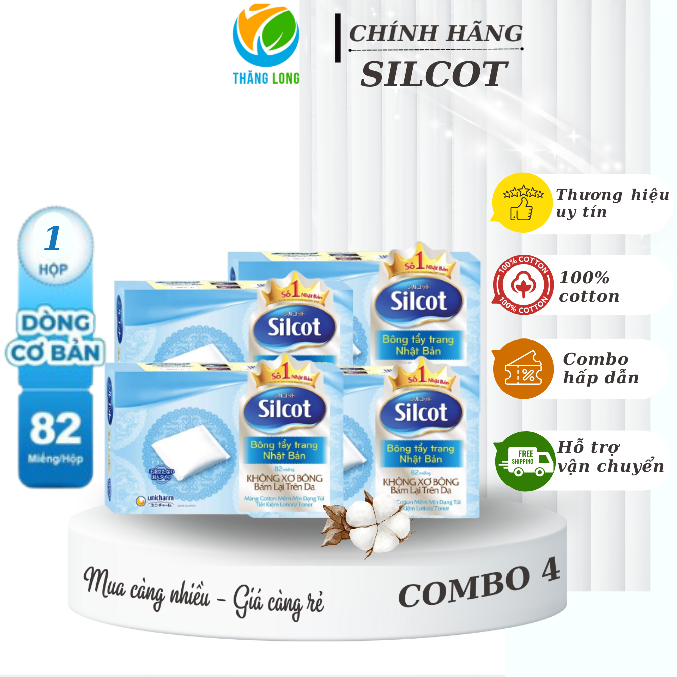 (Giá tốt) Bông trang điểm (bông tẩy trang) Silcot 82 miếng/hộp Combo 4