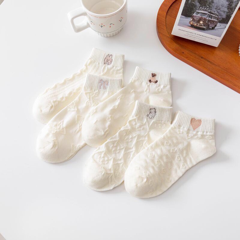 Combo 5 đôi tất,vớ nữ cotton nhún họa tiết hình thú đáng yêu tông trắng hàn quốc t1