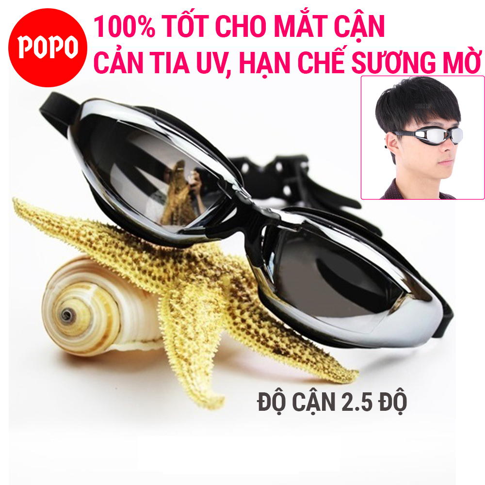 Kính bơi cận có độ 2.5 độ POPO GOG mắt kính bơi tráng gương, kính bơi người lớn, trẻ em trên 8 tuổi, cản tia UV, chống hấp hơi bảo vệ mắt