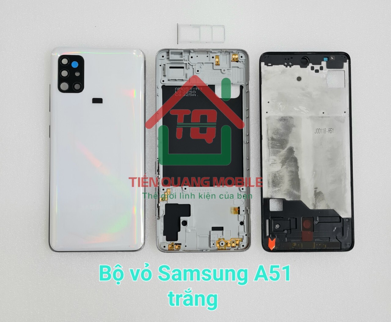 Bộ vỏ Samsung A51 full (gồm nắp lưng, viền sườn, khung xương, phím bấm, kính cam, khe sim)