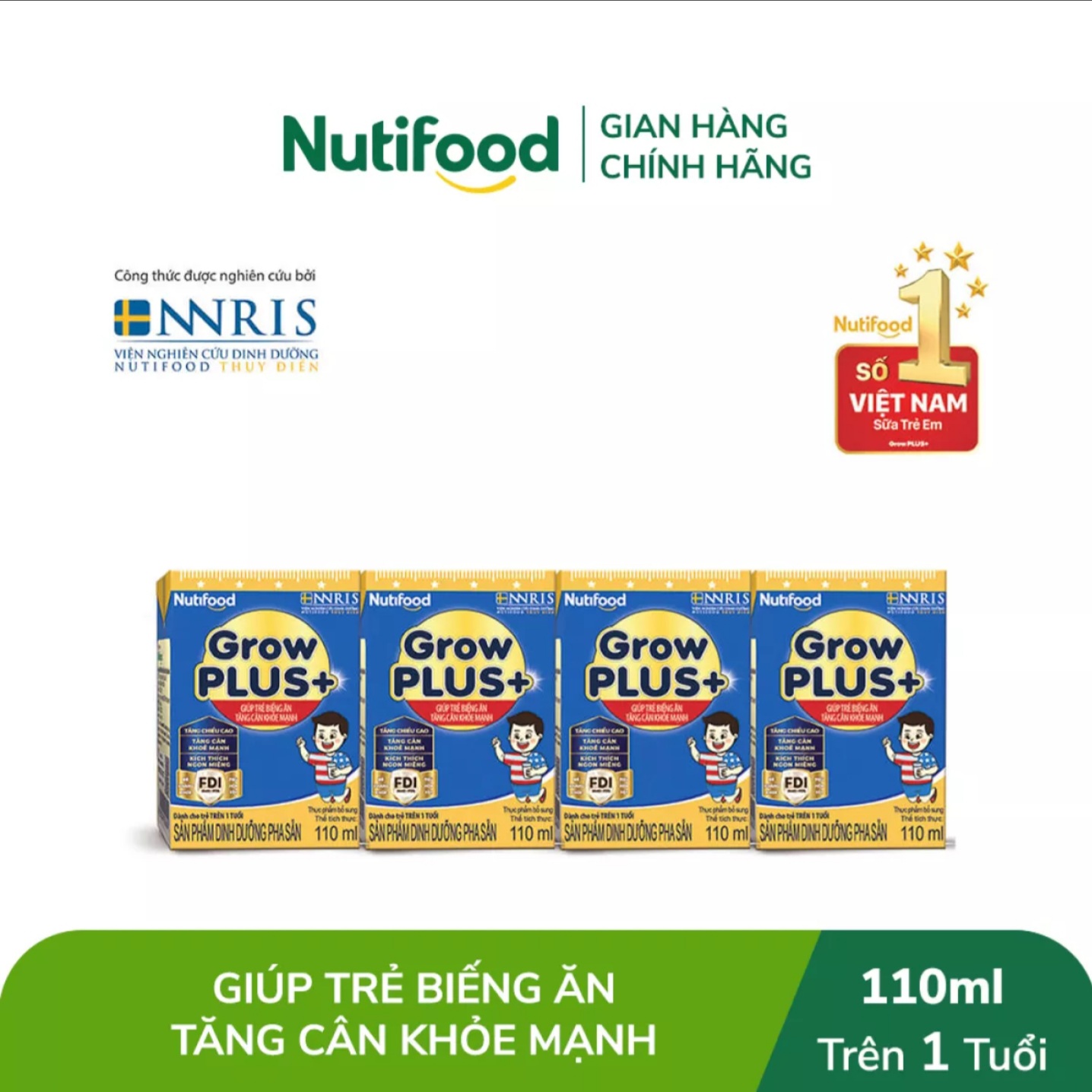 Thùng 48 Hộp Sữa Bột Pha Sẵn NutiFood Grow Plus 1+ {Xanh} 110ml.