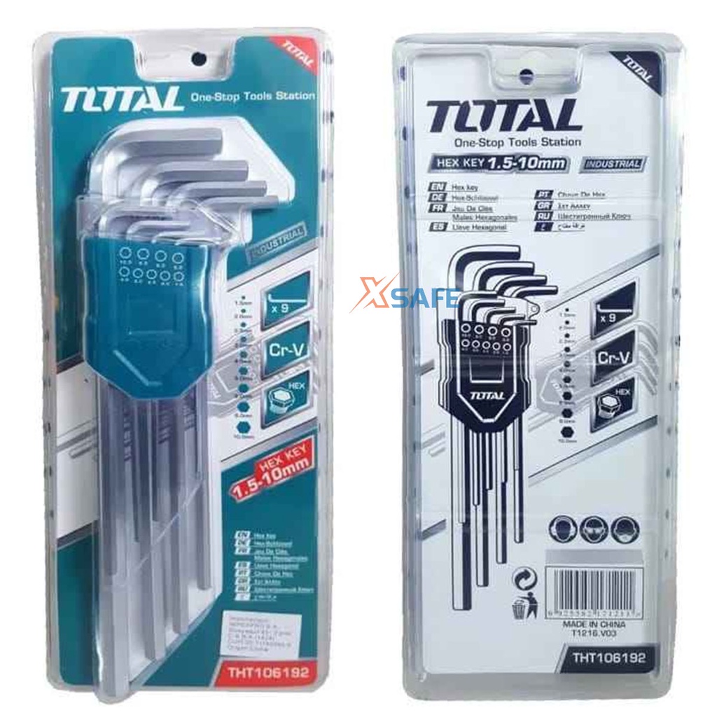 Bộ khóa lục giác đầu bằng dài TOTAL THT106192 Lục giác thép Cr-V chắc chắn, chống gãy cong, nhỏ gọn