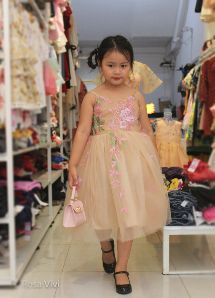 Đầm công chúa 2 dây đính hoa nơ lưng