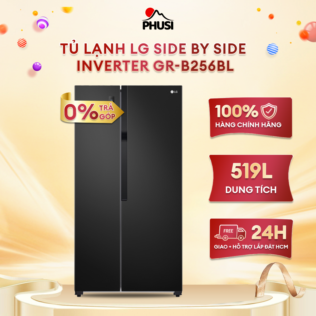 Tủ lạnh lg side by side inverter 519l gr-b256bl - hàng chính hãng