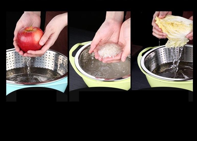 Bộ thau rổ đựng rau củ ( Rổ Inox 304 thau nhựa  ) - 27x10cm ( ĐK : 23cm )
