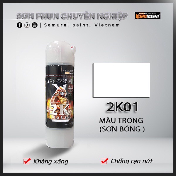 Sơn xịt Samurai Chính Hãng màu Trong - 2K01 (bóng 2K,  2 thành phần trong suốt)
