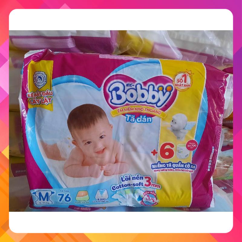 Tã dán bobby mẫu mới size M 76 miếng tặng thêm 6 miếng tả quần  cho bé 6-11kgtã bobby dán size L 68 miếng cho bé 9-13kg