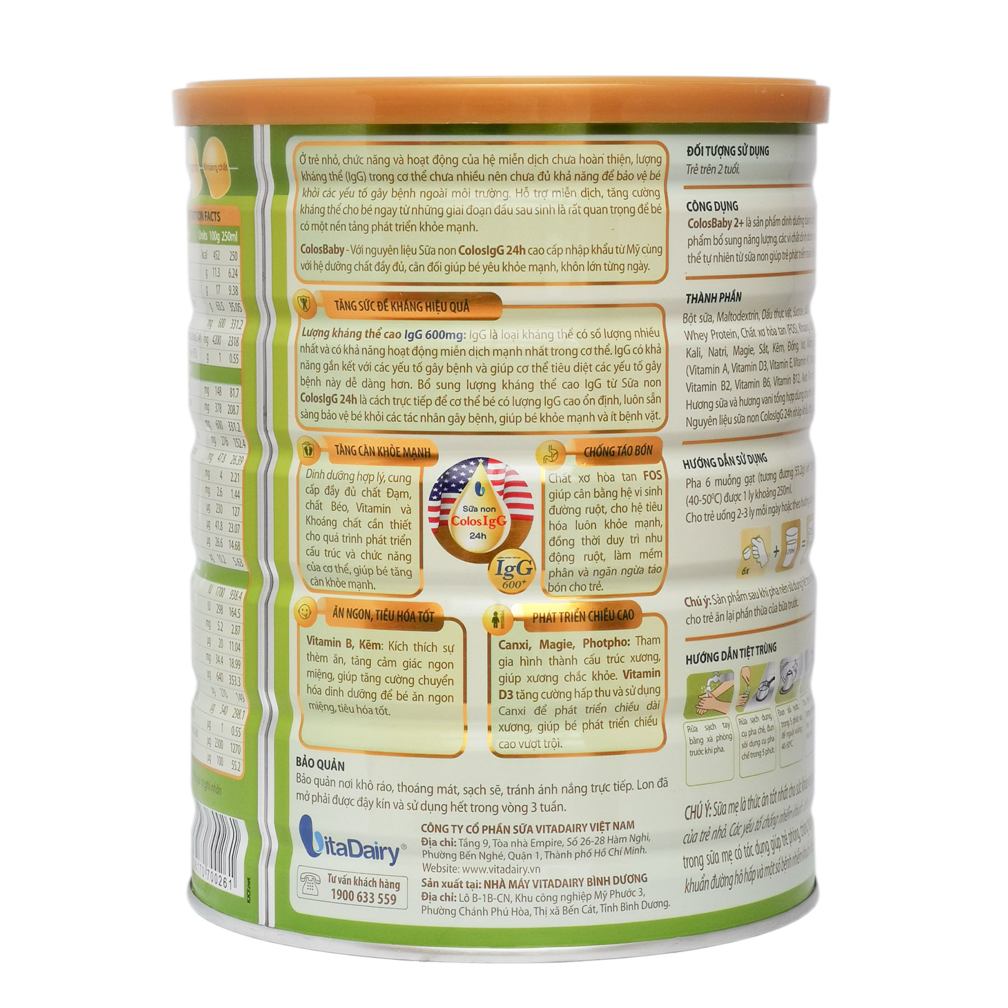 Sữa Bột VitaDairy ColosBaby 2+ Hộp 800g (Bổ sung kháng thể IgG 600+ tự nhiên từ sữa non; Cho trẻ 2 tuổi)