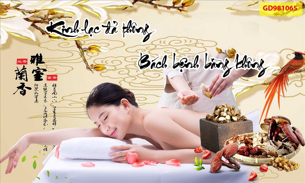 Tranh 3D decal dán tường tiệm spa, dưỡng sinh, đông y gội đầu dưỡng sinh massage