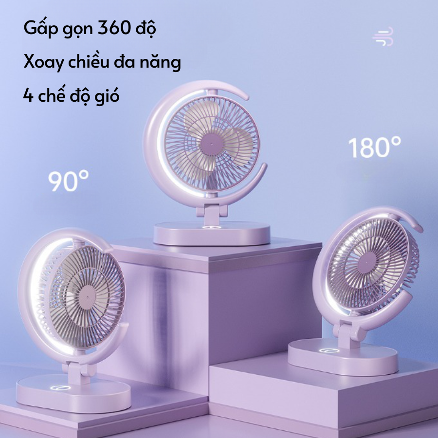 Quạt Để Bàn Tích Điện Mini 4 Cấp Độ Gió, Kèm đèn