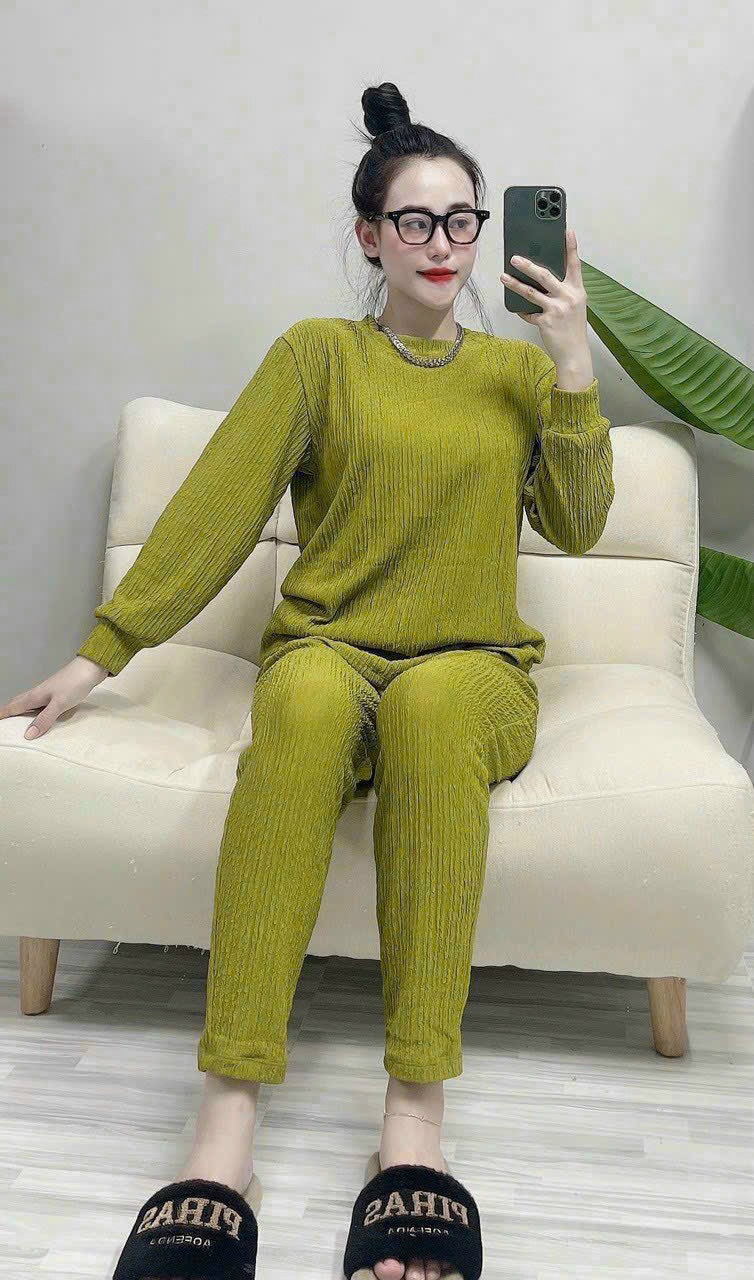 Set bộ đồ nữ ủ kem chất xốp nhật siêu dày dặn co giãn tốt áo thun cổ tròn tay dài bo phối quần dài thời trang thu đông cực đẹp