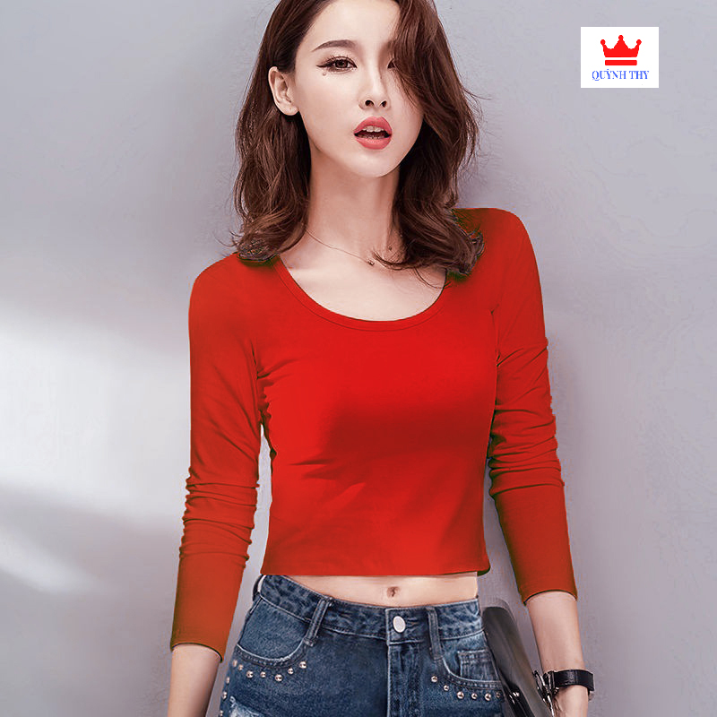 Áo thun croptop cổ tròn dài tay dáng ôm body, croptop tay dài cổ tròn vải co giãn màu trơn basic trẻ trung