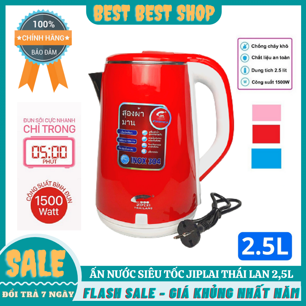 [HÀNG CHÍNH HÃNG] ẤM SIÊU TỐC THÁI LAN 2,5L, 2 Lớp Đun Sôi Nhanh