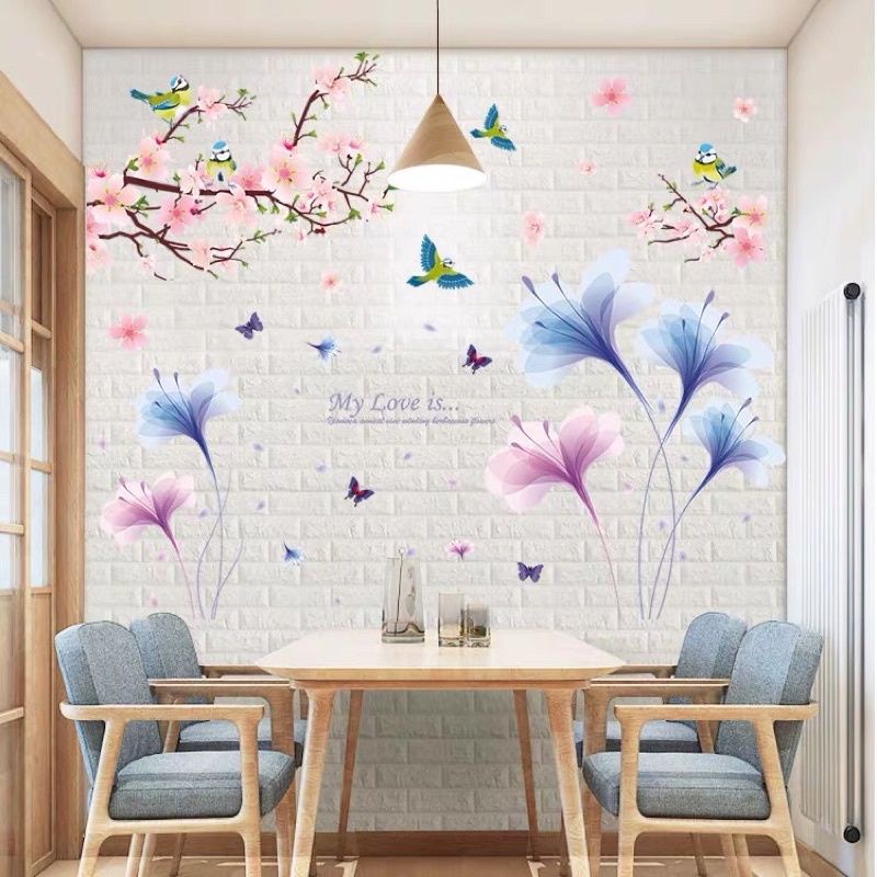 Decal dán tường cành đào và pha lê tím( tranh ghép)