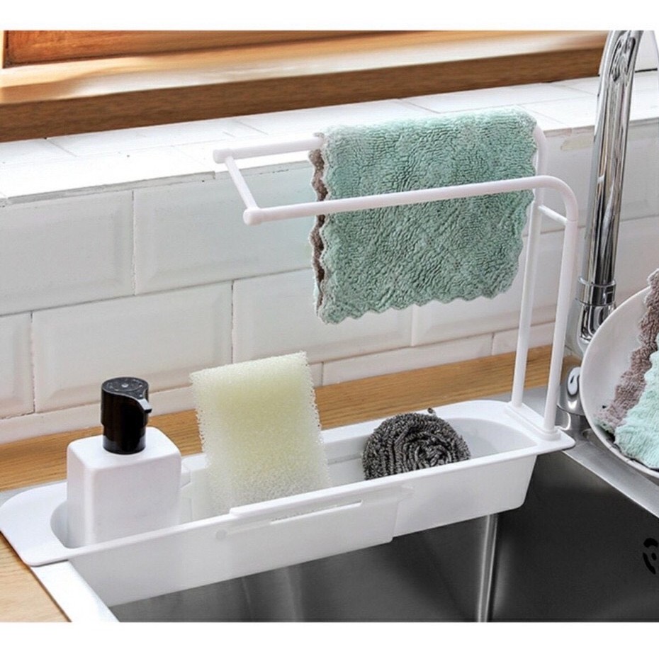 Kệ nhựa đựng đồ rửa chén gác bồn rửa CO GIÃN có thanh treo khăn tiện lợi- Kệ gán bồn rửa đựng đồ rửa chén
