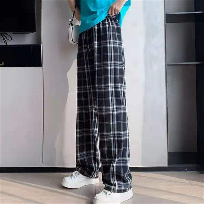 Nữ quần âu ống rộng màu đen và trắng kẻ caro, cạp cao, ống suông thẳng, quần dài