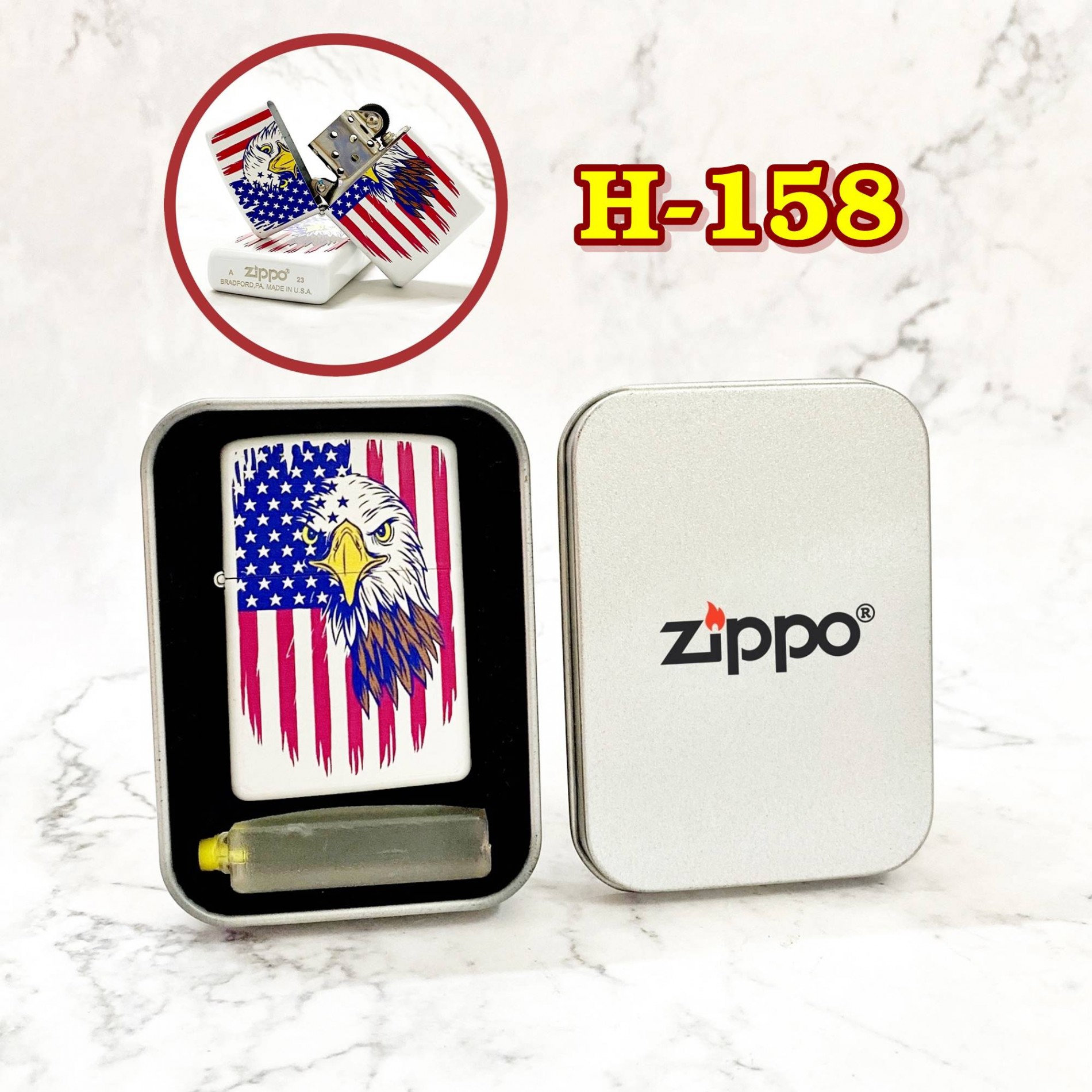 Bật lửa zippo sơn tĩnh điện 2 mặt có mộc đáy hình đại bàng #158