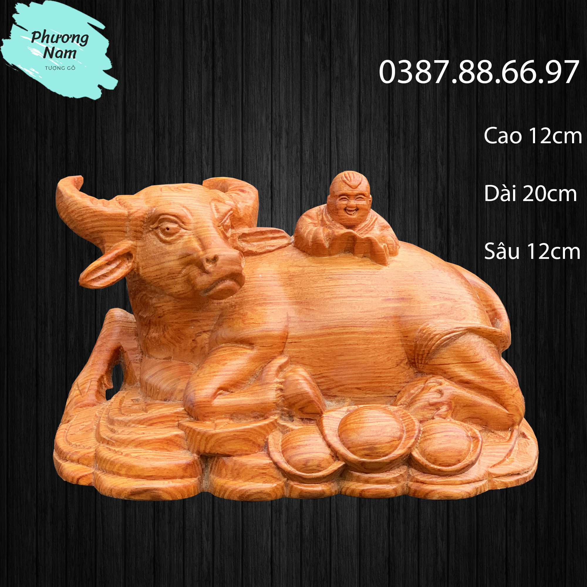 Tượng gỗ trâu em bé rộng 20cm được làm bằng gỗ hương nguyên khối