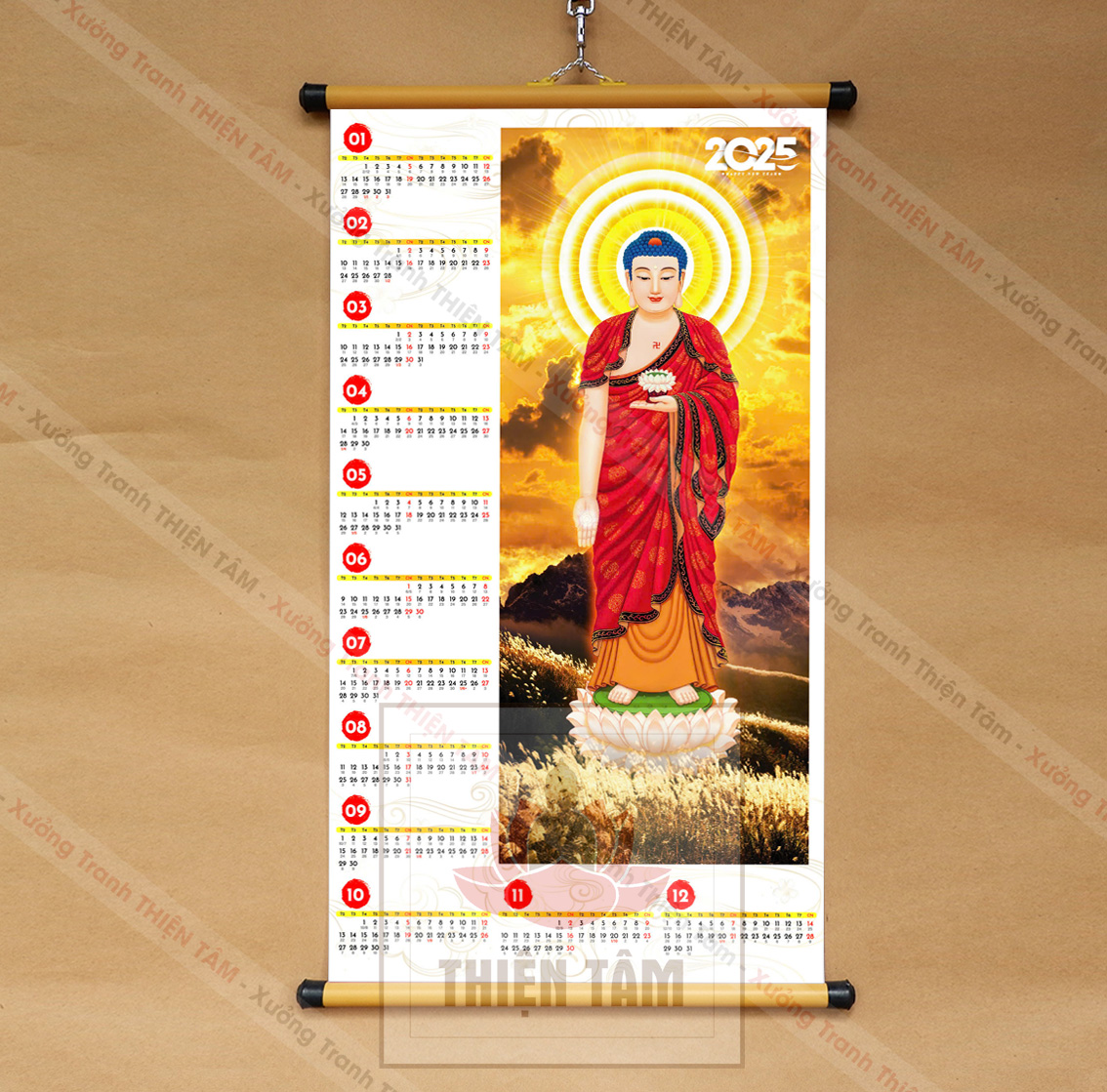Lịch Phật Giáo 2025 kích thước 40x70cm bằng vải bóng cao cấp, dày dặn (có ngày âm lịch)