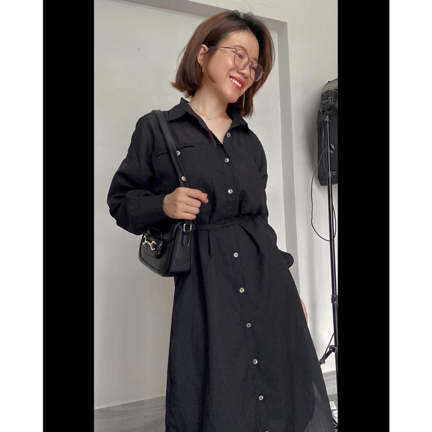 Đầm sơ mi tay dài tơ xước