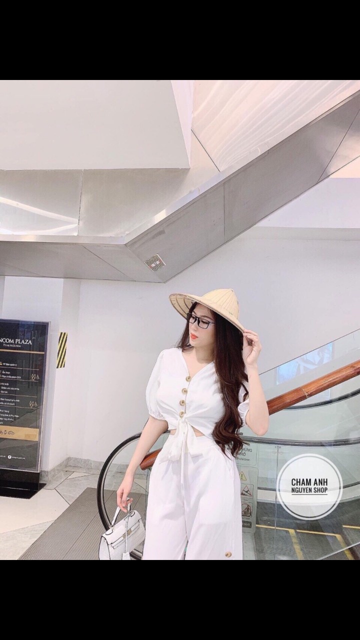 [HCM]Set bộ nữ quần dài ống suông +áo croptop tay lỡ cổ V cột eo cực xinh