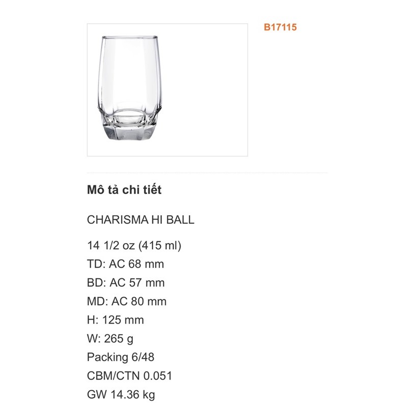 [HCM]Bộ 6 Ly Ocean Charisma Hiball 415ml (B17115)