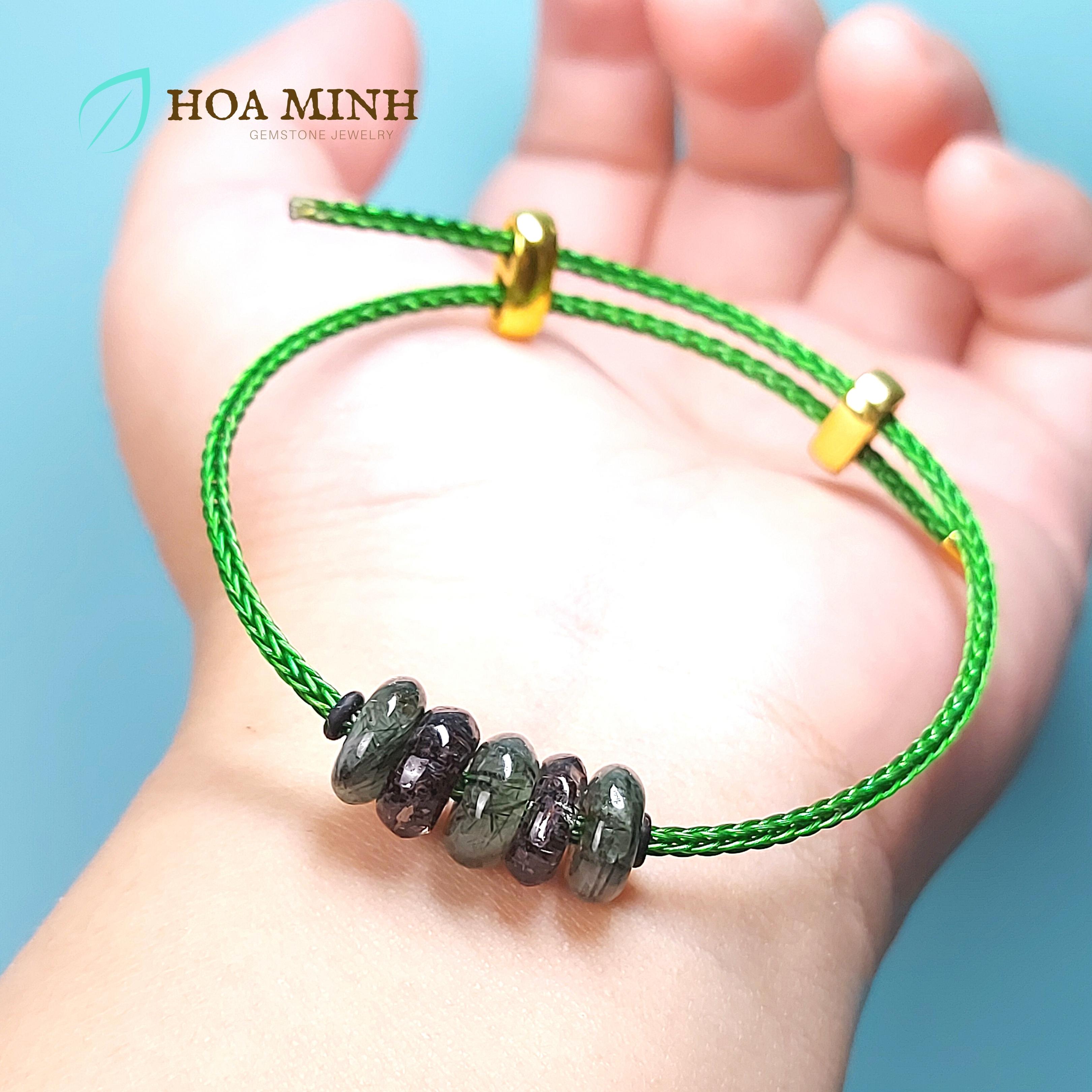 Vòng tay dây cáp đồng điếu thạch anh tóc xanh, thạch anh tóc đen vip 9-10 li cho phong thủy mệnh thủy mộc | hoa minh gem