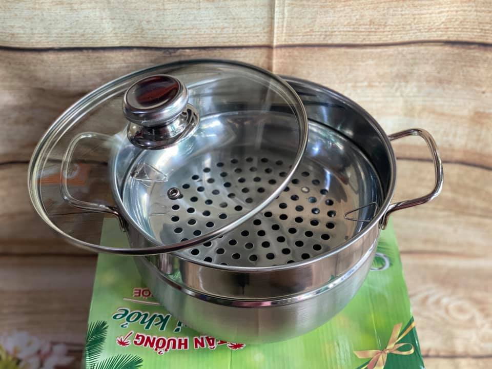 Nồi hấp inox 2tầng nắp kiếng  22cm