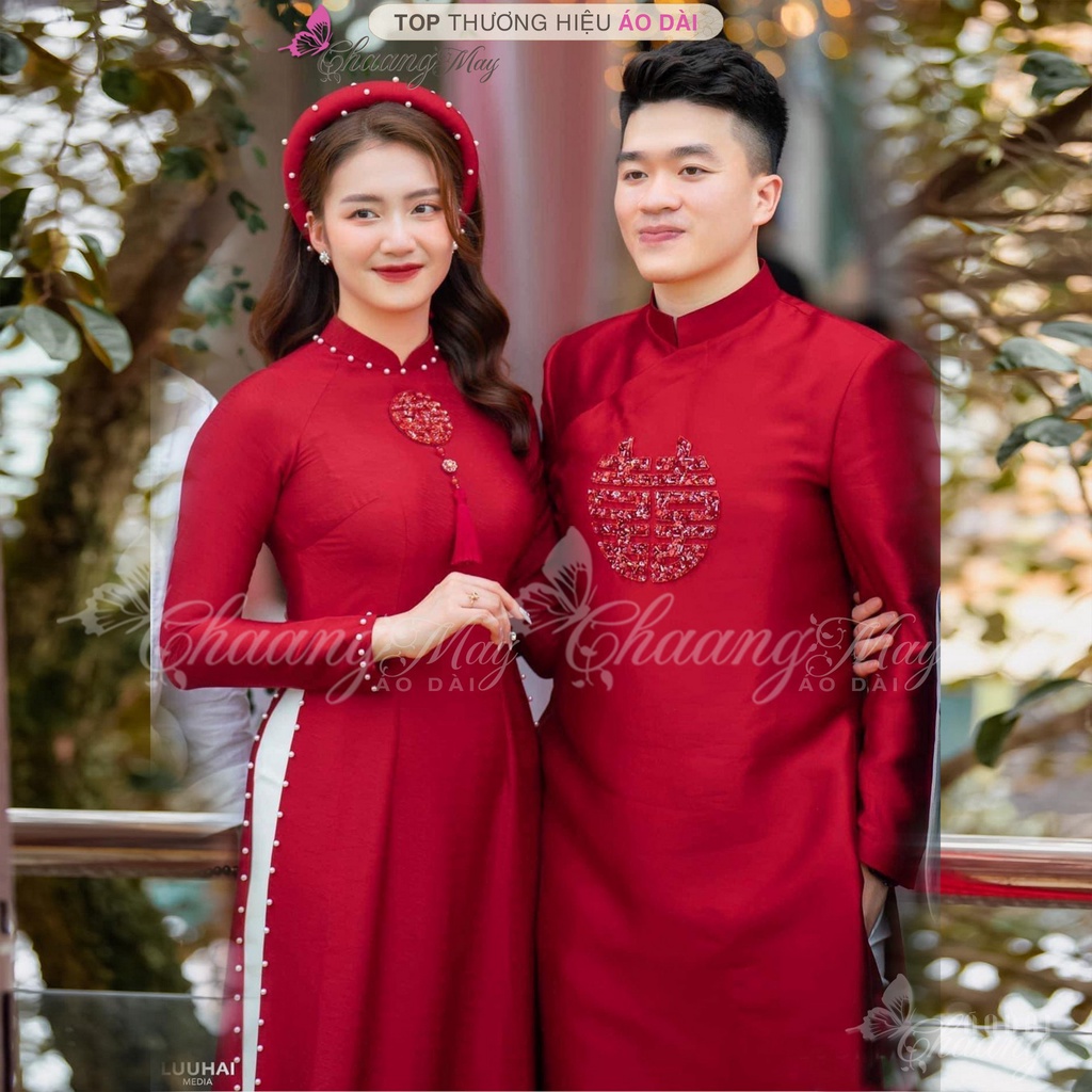 Áo dài cặp đôi nam nữ đính chữ Hỷ pha lê Chaang may sẵn áo dài cưới cô dâu chú rể dự tiệc lễ tết đẹp ADC694