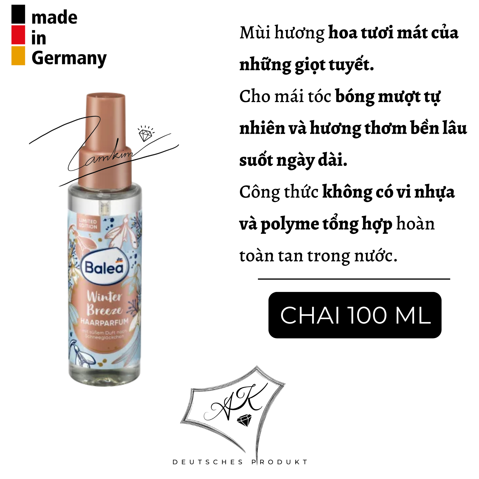 [ Hàng Đức ] Nước hoa xịt tóc, khử mùi, dưỡng ẩm Balea - 100ml
