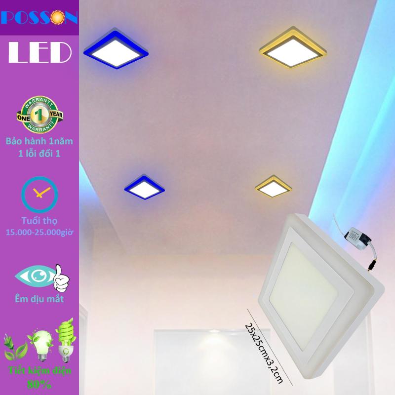 Đèn Led ốp trần vuông 24w ( 18w +6w) ốp nổi 2 màu 3 chế độ s trắng+viền s màu Posson LP-So18+6x