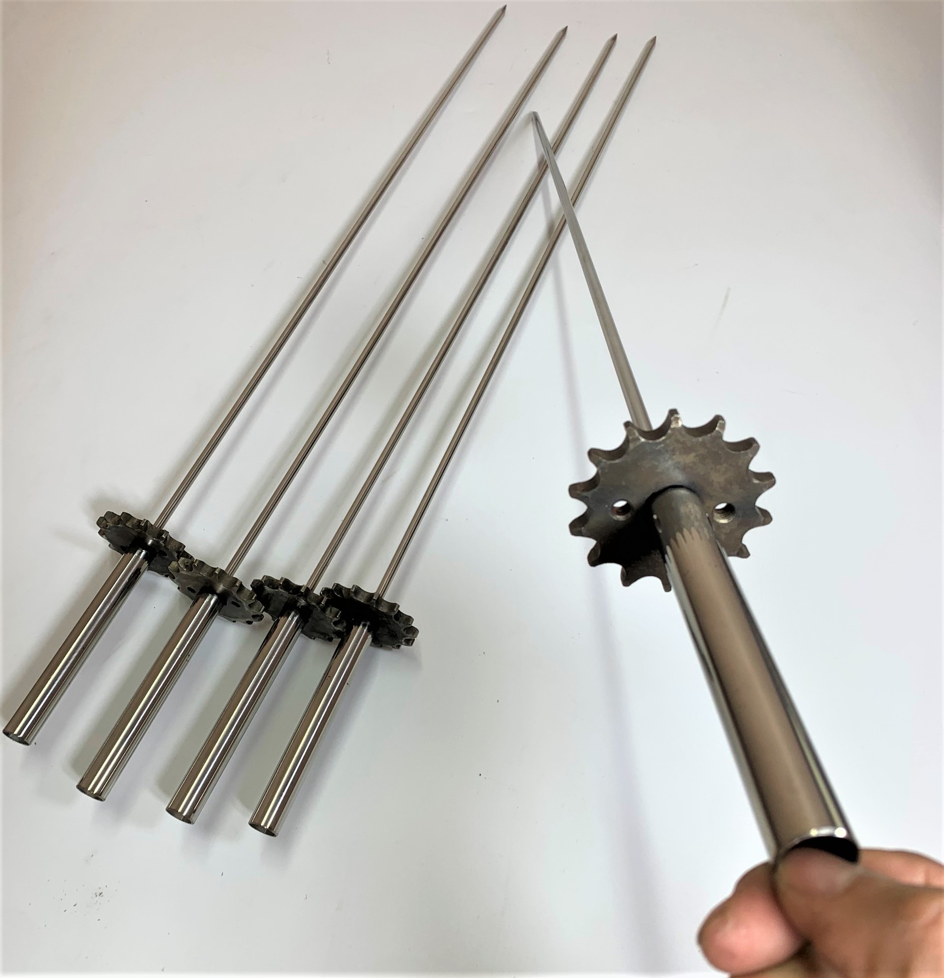 Cây xiên nướng thịt inox không gỉ, xiên inox nướng thịt có bánh răng cho lò quay, xiên nướng thịt inox tiện ích