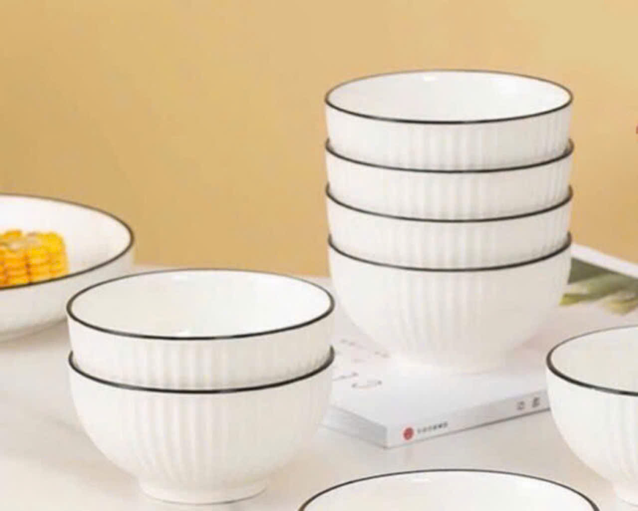 ̣(mua 20c tặng 1 dĩa 15cm NN) Combo 10 chén, 5 chén sứ sọc trắng viền đen, chén cơm trắng 11.5cm