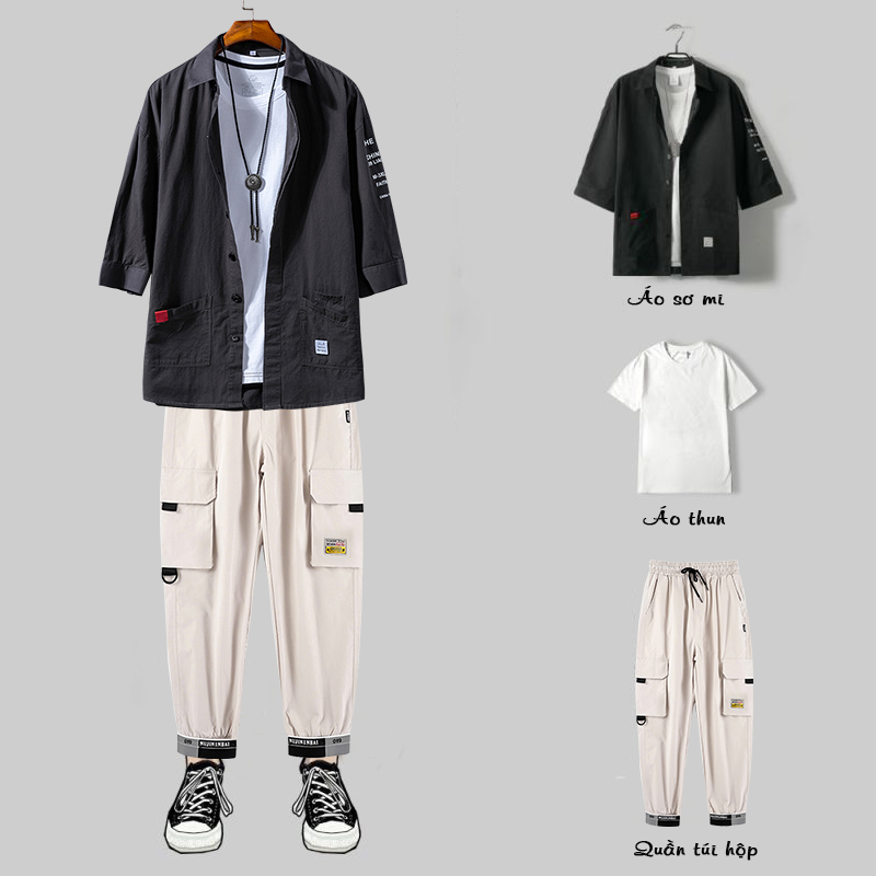 Set Bộ Quần Áo Nam Ba Món Áo Sơ Mi Cổ Đức Túi Hai Bên Cá Tính Kết Hợp Với Quần Túi Hộp Bo Ống Đi Kèm Áo Phông Năng Động Thời Trang 4MENHCM SET NAM 90000150