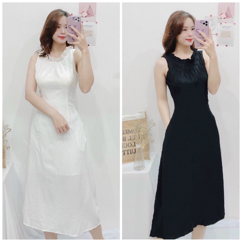 Đầm cổ tròn bèo sát nách 2 màu