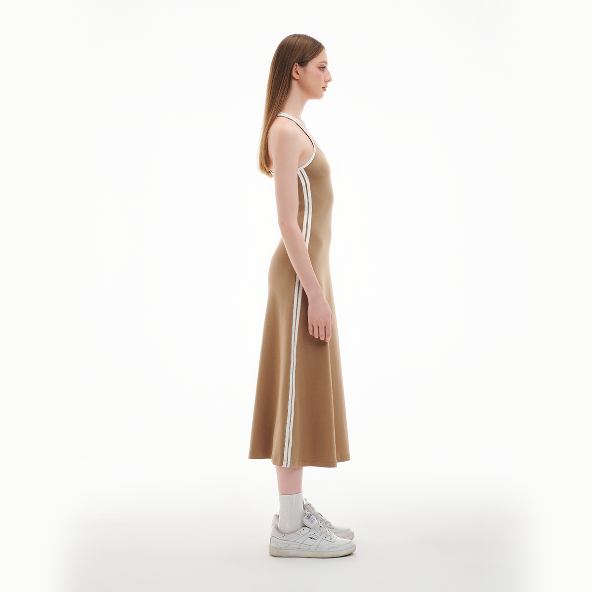 DOTTIE - Đầm midi phối viền - Nâu - D0540