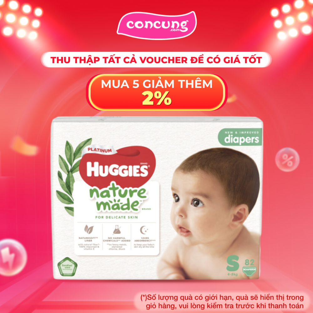 Bỉm tã dán Huggies Platinum Nature Made size S 82 miếng (4-8kg)