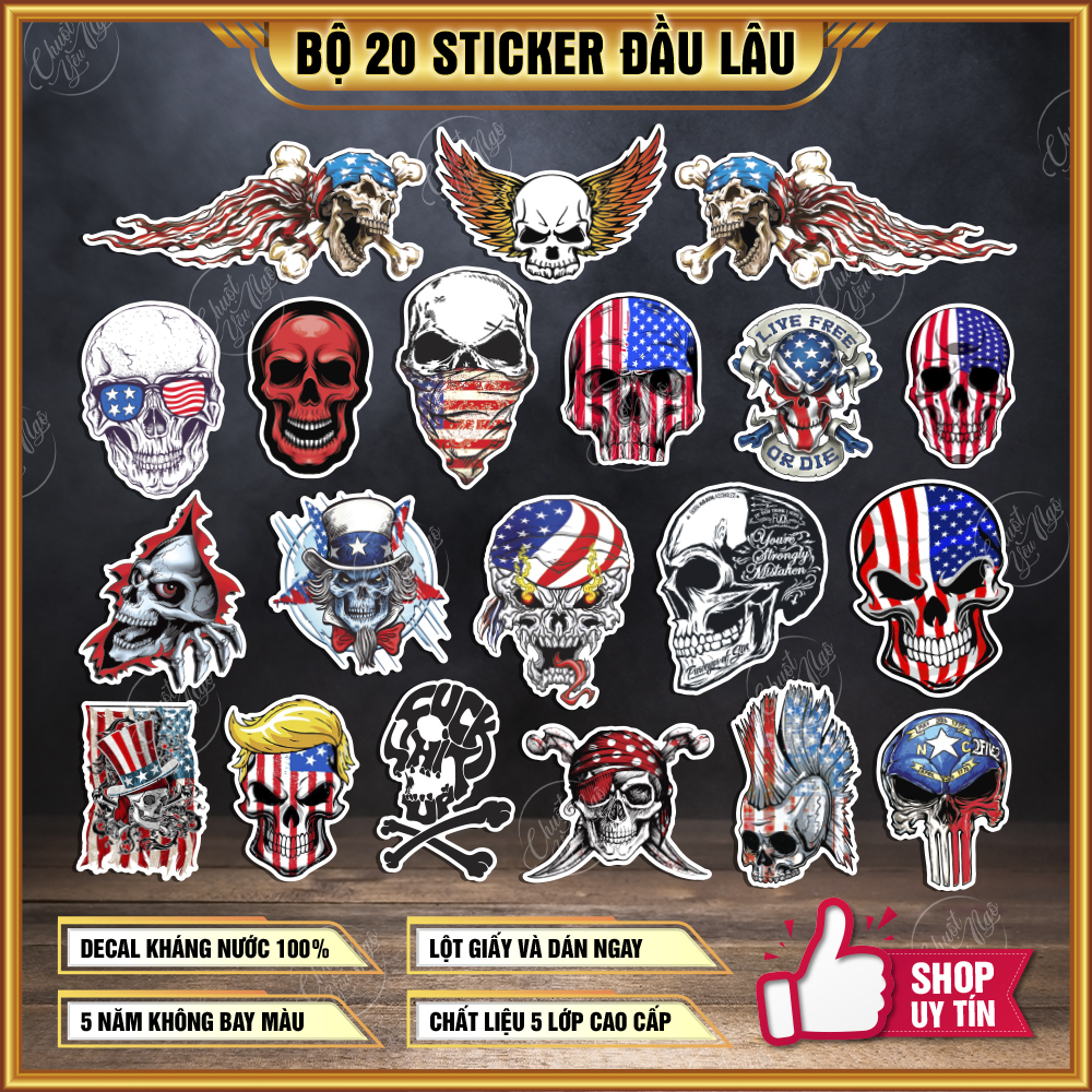 Bộ 20 hình dán decal sticker đầu lâu cờ mỹ tem xe chống thấm nước