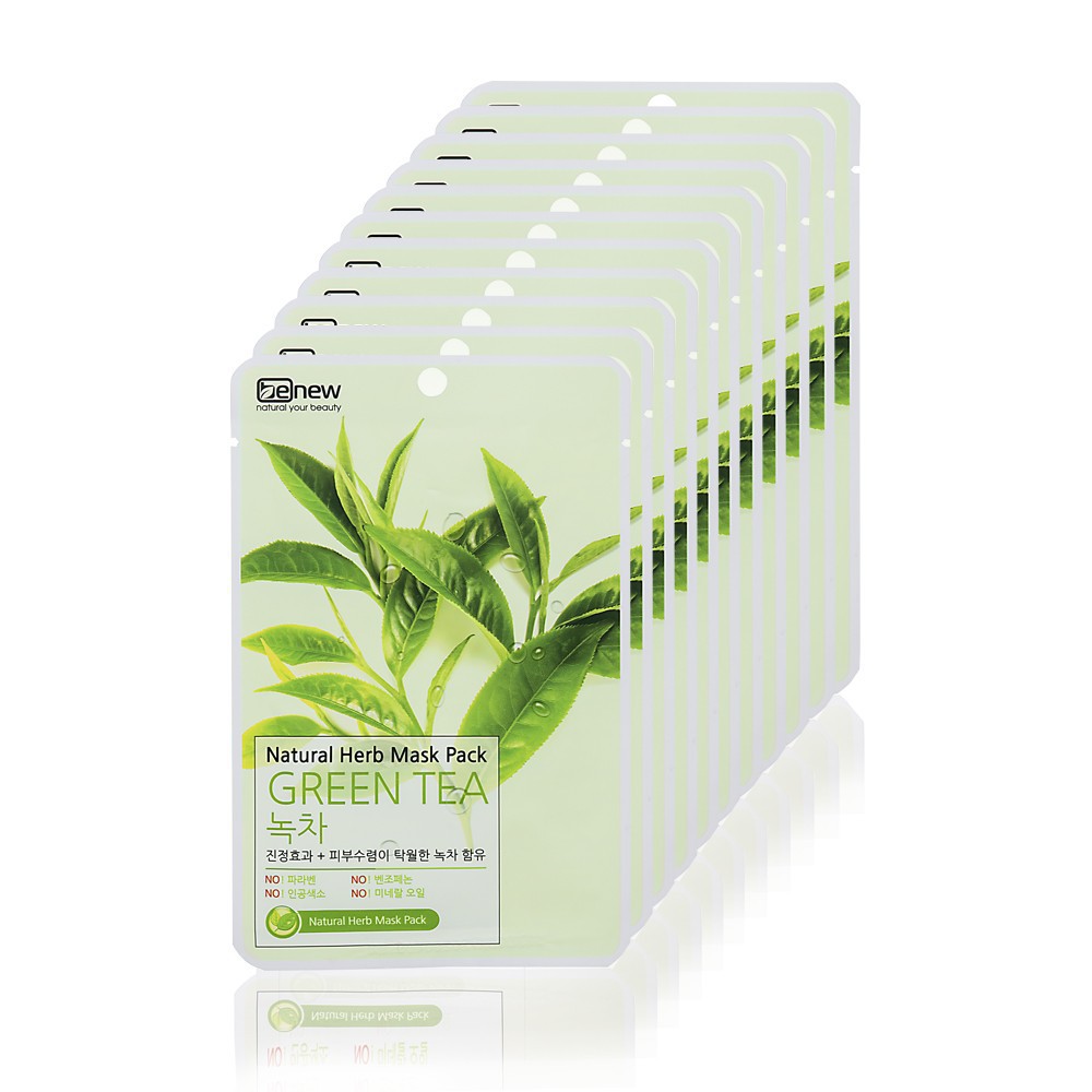 Đắp mặt nạ trà xanh benew natural herb mask pack - green tea bộ 10 miếng +