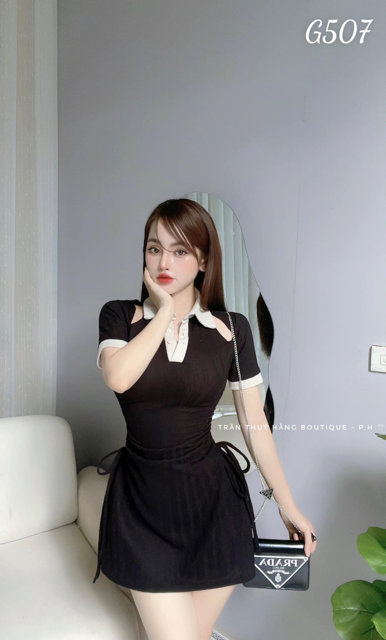 Đầm thun gân cổ trụ kiểu khoét quyết rũ phối dây rút eo G507