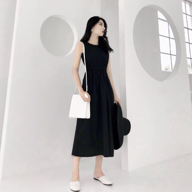 Đầm đen dài thun eo 2 túi