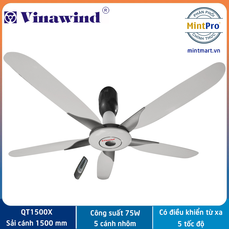 Quạt trần 5 cánh Điện cơ Thống nhất Vinawind QT1500X - Cánh nhôm sải cánh 1500mm, có điều khiển từ xa tiện lợi