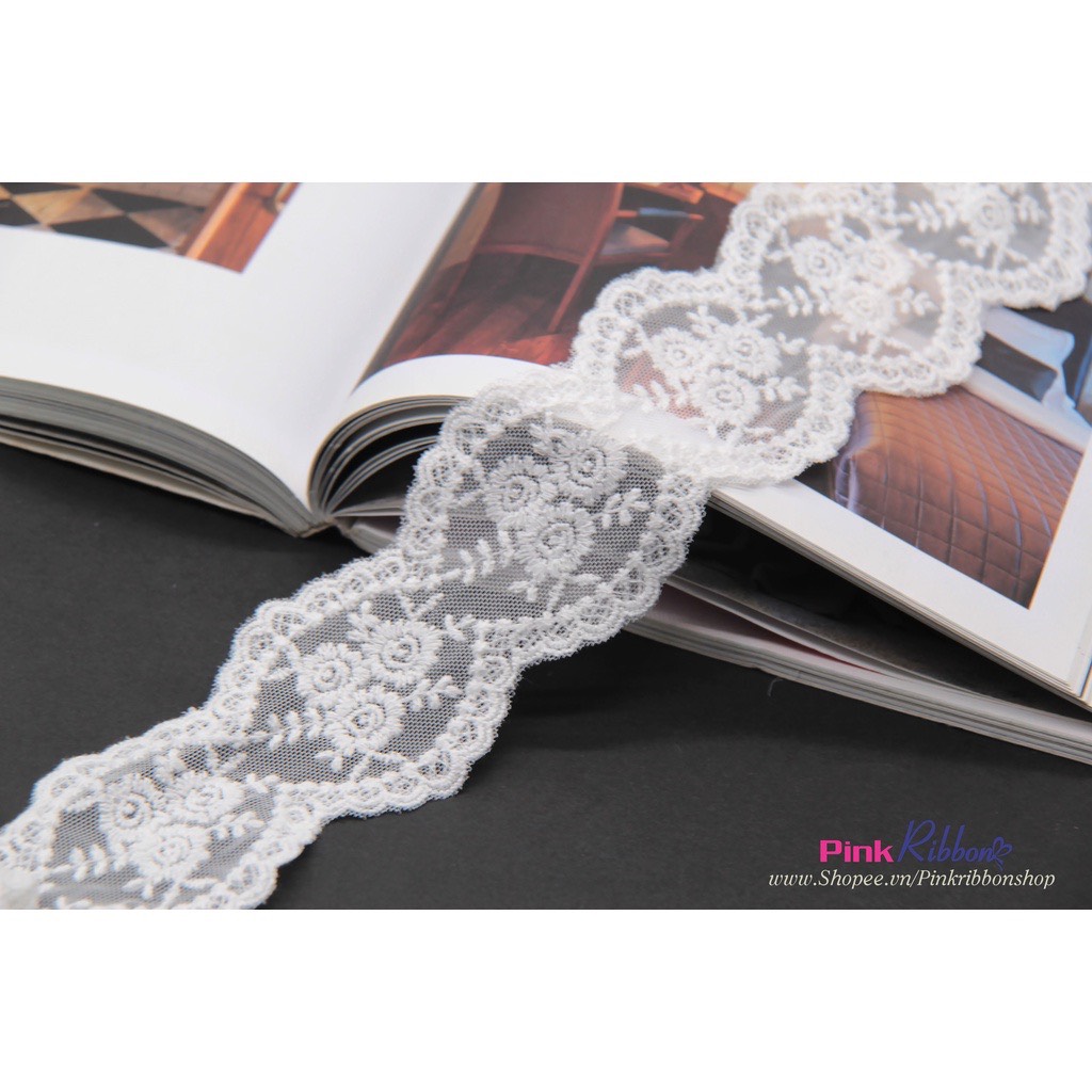 Ren trắng thêu hoa dày, bề rộng 6.5cm