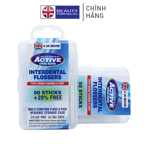 Tăm chỉ xỉa răng nha khoa Anh Quốc UK Beauty Formulas than hoạt tính + bạc hà, xỉa răng tiệt trùng chăm sóc răng miệng