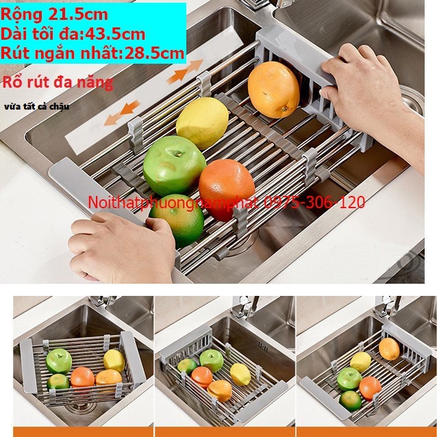 (LOẠI RỔ TO) Rổ Đa Năng Đựng Trái Cây Thực Phẩm Úp Bát Bằng inox kéo dài ngắn được để trên thành chậu rửa chén mẫu rổ này to, chắc chắn, độ bền cao