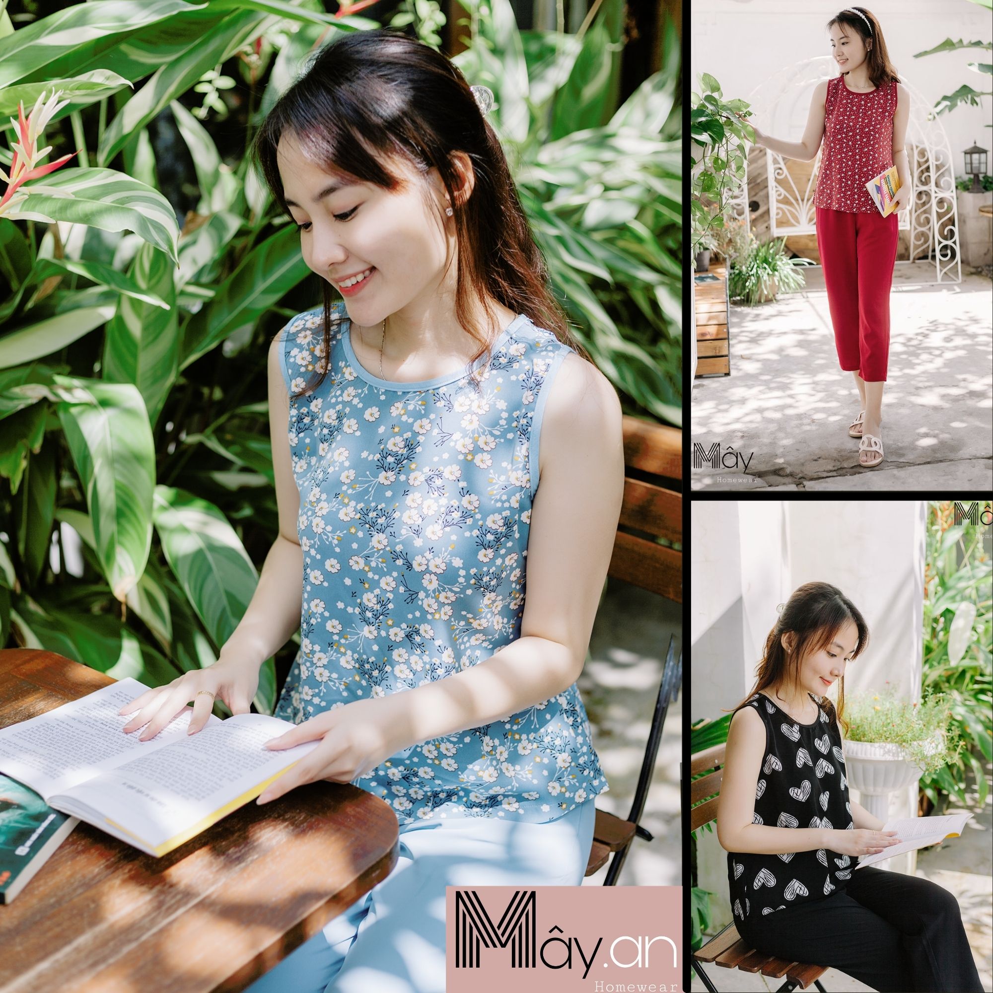 Đồ mặc nhà MÂY áo hoa sát nách quần dài lụa lạnh Hàn Quốc