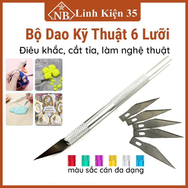 Bộ dao 6 lưỡi bằng kim loại cán nhôm khắc trổ kỹ thuật, dao chạm khắc, cắt tỉa, thủ công mỹ nghệ tiện dụng